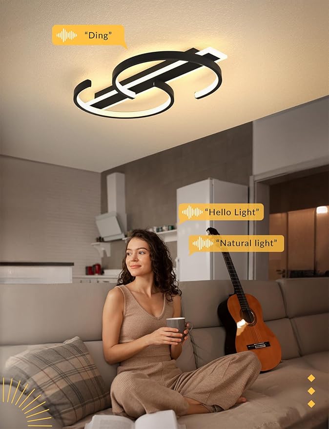 Modern Ceiling Light 23.62in 2 Rings Black Voice Control Bedroom Lights for Ceiling 3000-6000K LED Ceiling Light Fixtures Flush Mount Ceiling Lamps for Living Room Study Kitchen 55W