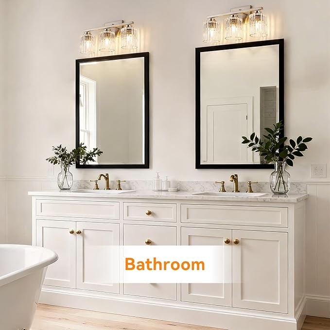 TALOYA 19 Inch Bathroom Light Fixtures,Modern 3-Light Brushed Nickel Vanity Lights with Wide Vertical Ribbed Thickened Glass Shade Wall Sconces for Mirror Makeup Room Hallway（Bulbs Not Included）