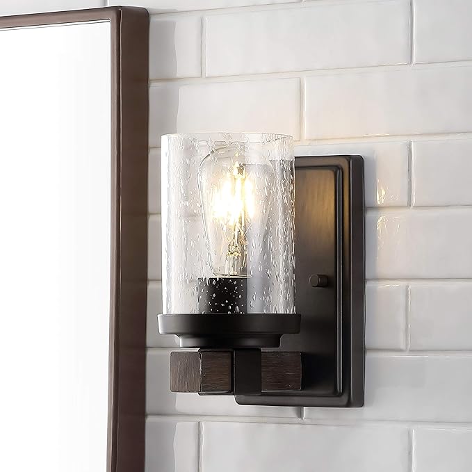 JONATHAN Y 4.5" Oil Rubbed Bronze LED Vanity Light, Rustic Farmhouse Sconce, Clear Seeded Glass Shade, Industrial Wall Lamp for Bathroom Mirror, Kitchen Sink, LED Bulb JYL7507A