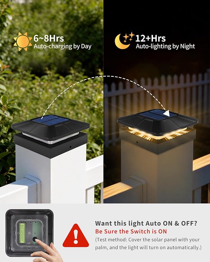 4x4 Post Solar Lights, 3 Colors Solar Fence Lights, 2 Brightness Solar Post Cap Lights Waterproof, Deck Lights for Wood/Vinyl Posts, Garden, Patio, Stripe Light, 6 Pack