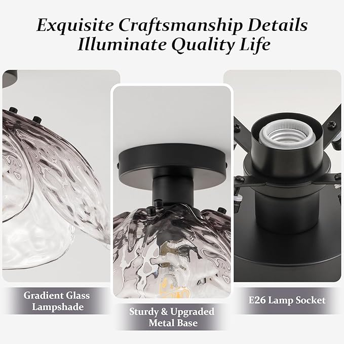 Vintage Semi Flush Mount Ceiling Light,Black Ceiling Light Fixtures with Gradient Smoke Gray Handmade Leaf Glass for Bedroom,Kitchen,Hallway,Entryway