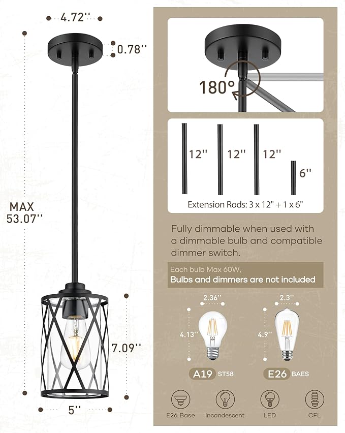 Beionxii Glass Pendant Lights Kitchen Island, Black Modern Kitchen Pendant Lighting Over Island, Farmhouse Industrial Cage Hanging Lighting with Clear Glass for Sink, Dining Room, BX-PL07BK