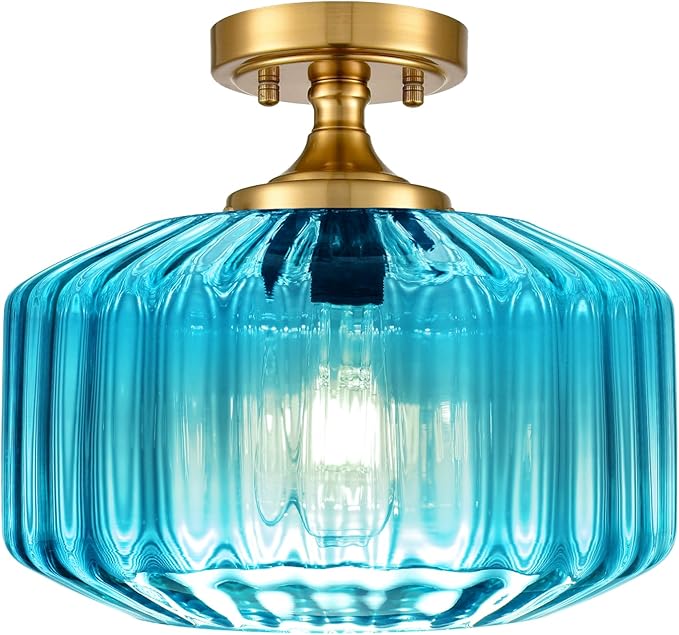 11.02" Blue Glass Flush Mount Ceiling Light, Vintage Gold Modern Close-to-Ceiling Fixture for Hallway, Bathroom, Bedroom, Entryway, E26 Compatible (No Bulb)
