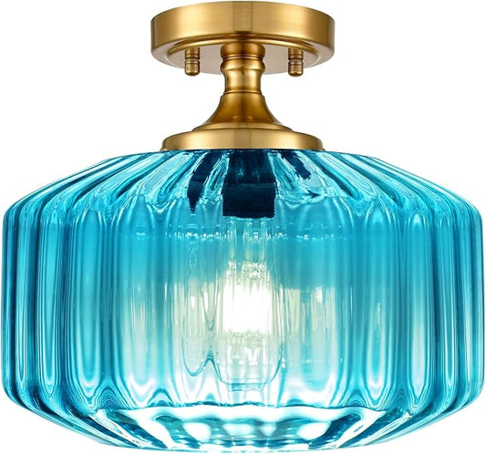 11.02" Blue Glass Flush Mount Ceiling Light, Vintage Gold Modern Close-to-Ceiling Fixture for Hallway, Bathroom, Bedroom, Entryway, E26 Compatible (No Bulb)