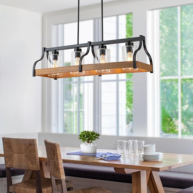 31.5" Farmhouse Chandeliers for Dining Room, 4-Light Kitchen Island Lights for Kitchen with Hand-blown Glass Shade, Faux Wood Black Kitchen Island Lighting Rustic Dining Room Light Fixtures over Table