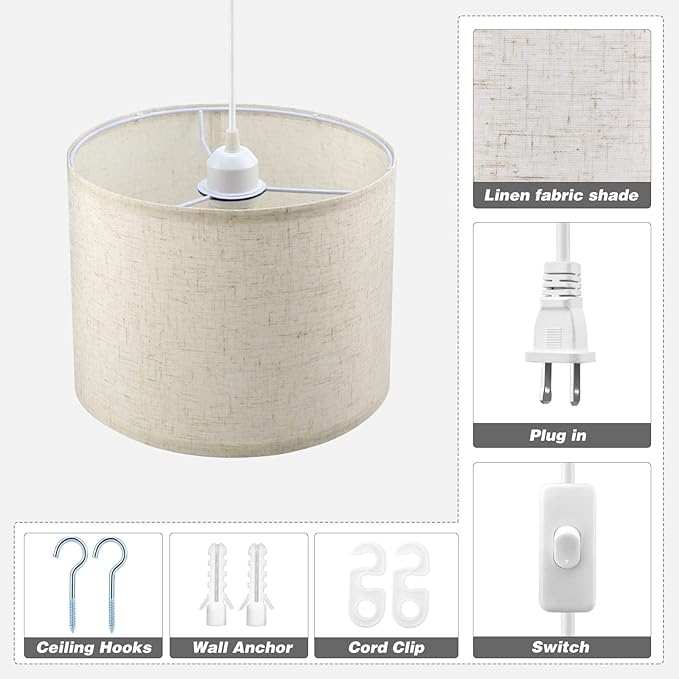 KUAUGST Plug in Pendant Light, 15 FT Hanging Lamp with Plug in Cord, On/Off Switch, Pendant Lighting with Fabric Shade, Hanging Light Fixture for Living Room, Bedroom, Dining Room, Kitchen (Beige)
