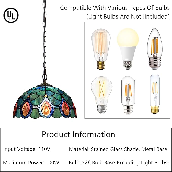 Tiffany Pendant Light Plug in Stained Glass Hanging lamp 12X12X181 Inch Hanging Lamp Living Room Bedroom Kitchen Dining Room Office(Brown Crystal)