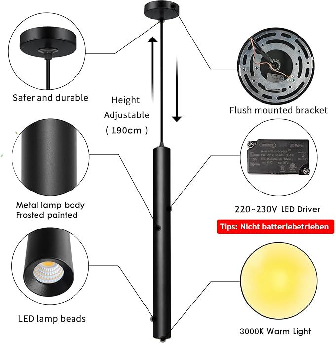 Pendant Lights Kitchen Island, Modern Black Pendant Light for Bedroom Bedside Sofa Corner, 5W Island Lights for Kitchen, Height Adjustable, 3000K, Ø1.18 x L11.8