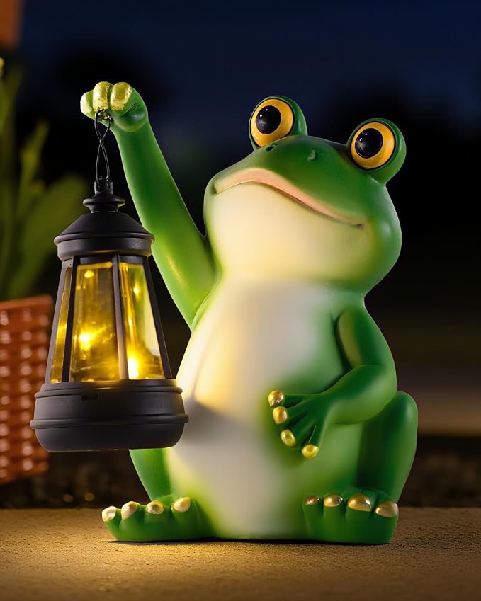 Vuees Solar Frog Garden Statue Light, Outdoor Waterproof Decorative Lantern Figurine, Cute Yard Art for Garden Patio Pond Balcony Porch Decor, Housewarming & Gardening Gifts for Women Grandma Mom | Hand-painted resin, dusk sensor, flower bed or pond ac...