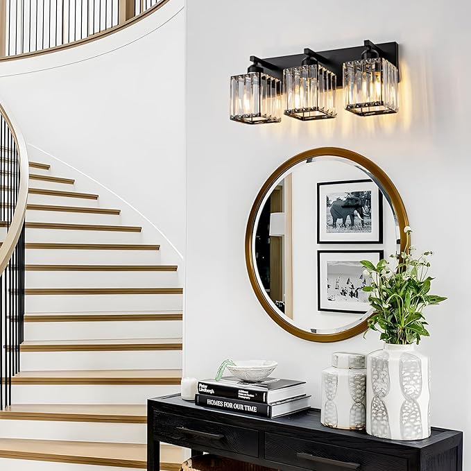 Black Bathroom Vanity Light 3 Lights, Crystal Bathroom Wall Light Fixtures Modern Vanity Light Over Mirror (Exclude Bulb)