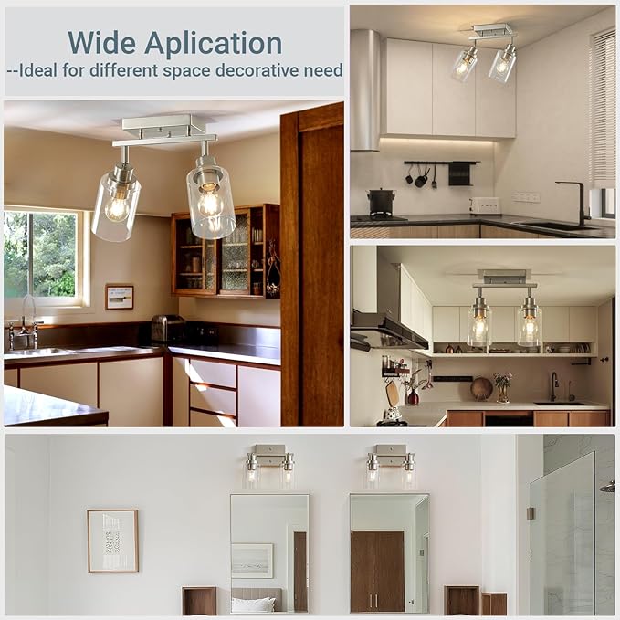 LOUSACE 2 Light Brushed Nickel Bathroom Vanity Track Light Fixtures Ceiling Mount Kitchen Track Lighting Kit with Clear Glass Shade, Modern Wall Ceiling Rotatable Tracking Light Heads for Accent Shop