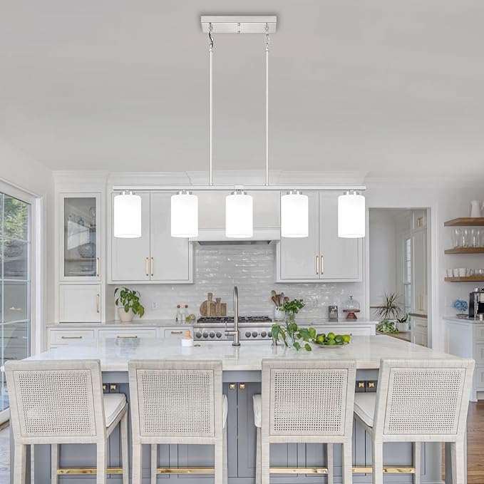 Brushed Nickel Island Lights for Kitchen, 5-Light Modern Dining Room Light Fixtures Over Table Glass Penadnt Lights Adjustable Kitchen Hanging Light Fixtures Linear Farmhouse Chandeliers Over Island