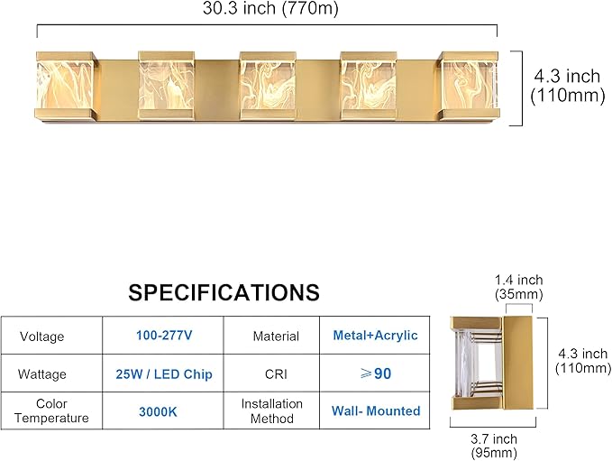 MELUCEE LED Bathroom Lighting Fixtures Over Mirror 25W 3000K Warm Lighting, 5 Lights Brass LED Vanity Lighting Bar with Unique Smoke Acrylic Panel, Wall Sconces for Bath Powder Room Entryway