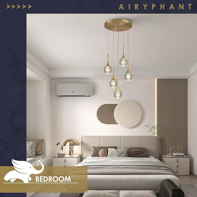5 Lights Crystal Pendant Light, 25W Gold Dimmable LED Teardrop Cluster Pendant Lighting Fixture for Dining Room Kitchen Living Room Foyer Hallway Bedroom 3000k Warm White