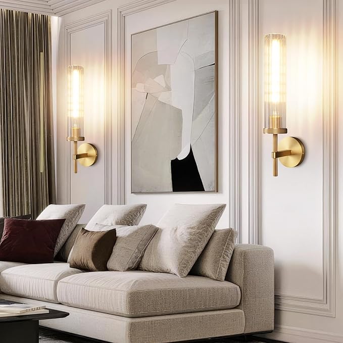 19.5" Knurled Brass Wall Sconces Set of 2, Gold Bathroom Vanity Light Fixtures with Vertical Striped Glass Tube, Modern Lamp Lighting for Bedroom, Living Room, Hallway, Staircase, Mirror, Kitchen