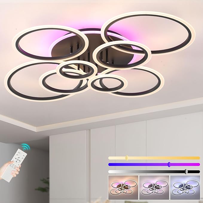 Modern LED Ceiling Light,41.3'' Dimmable Flush Mount Ceiling Lights with Remote,Acrylic Round Ceiling Lighting Fixture for Living Room Dining Room Bedroom Kitchen(Black,8 Rings,80W)