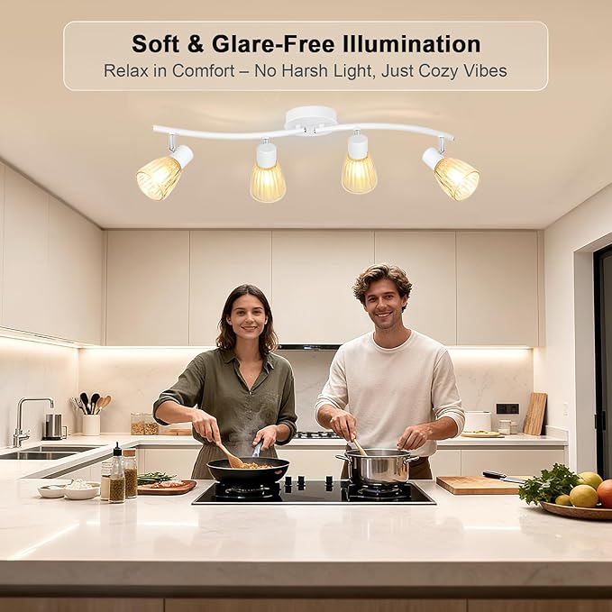 HiBay 4-Light Track Lighting White, Adjustable Modern Ceiling Light Fixture w/Glass Shades, Flush Mount Ceiling Wall Spotlight Indoor for Bathroom, Kitchen, Living Room, E12 Base, No Bulbs