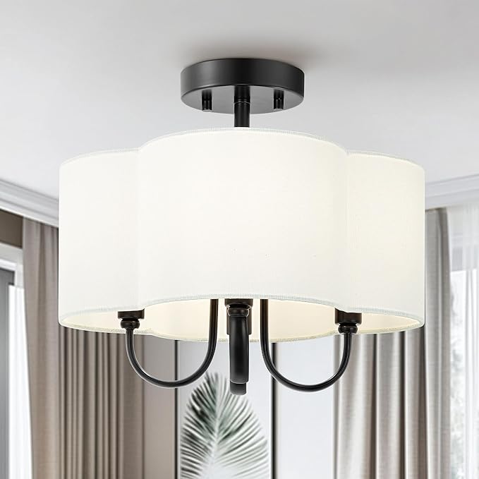 4-Light Semi Flush Mount Ceiling Light, 13.5" Vintage Light Fixtures Ceiling Mount with Fabric Shade in Quatrefoil for Kitchen Entryway Hallway Bedroom, Matte Black, SM179-MB