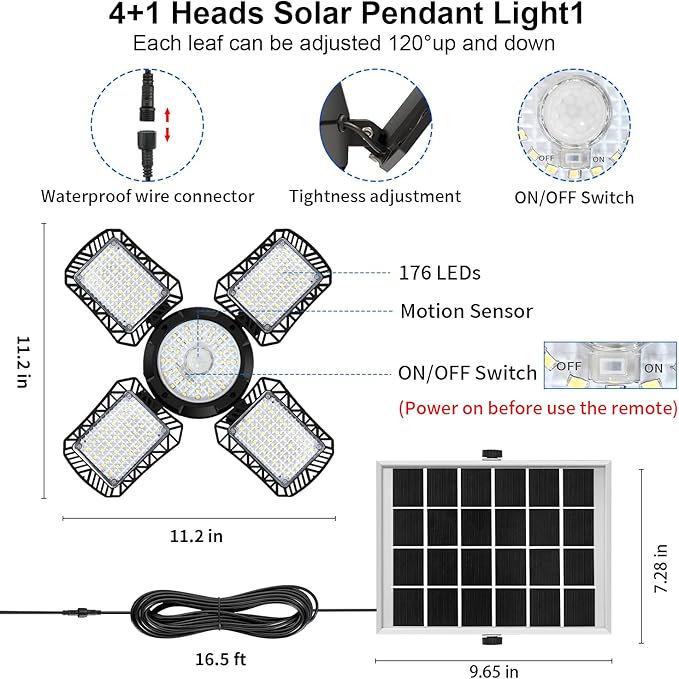 Solar Shed Light Indoor Outdoor, Aqonsie 176LED Solar Powered Pendant Light Daytime Available, Dual Lamps Motion Sensor Indoor Light with 5 Lighting Modes & Remote for Shed, Gazebo, Barn, Garage, Shop