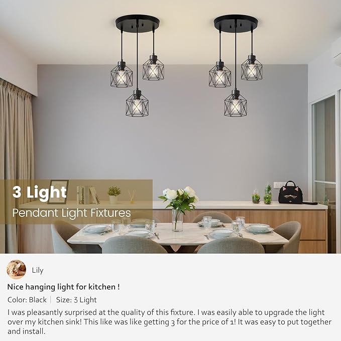 3-Light Pendant Light Fixtures, Farmhouse Hanging Pendant Lighting, Dining Room Chandelier, Industrial Kitchen Island Hanging Light Fixture, Black Metal Cage Pendant Ceiling Lamp for Kitchen
