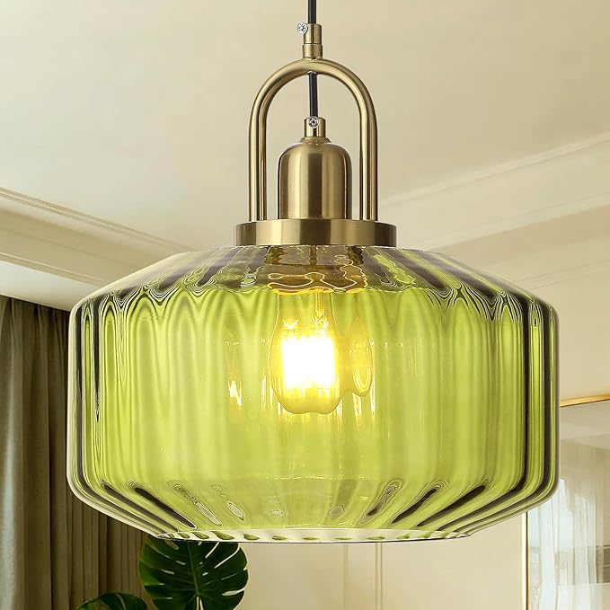11.8in Mid Century Modern Green Glass Pendant Light Fixture, Large Gold Kitchen Island Pendants Light Glass Ceiling Hanging Lamp for Foyer Dining Room Bedroom Entryway Hallway Over Sink