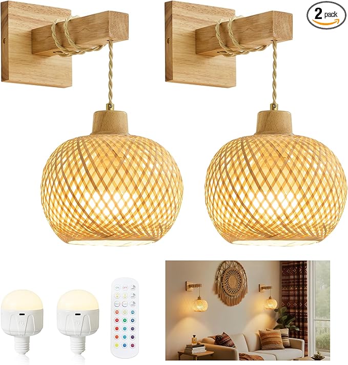 Vitnucrol Bamboo Battery Operated Wall Sconces Set of 2, Rechargeable Rattan Cordless Battery Powered Wall Lights/Lamps with Remote, Woven Boho Wireless Decor Lighting Fixture for Living Room Bedroom