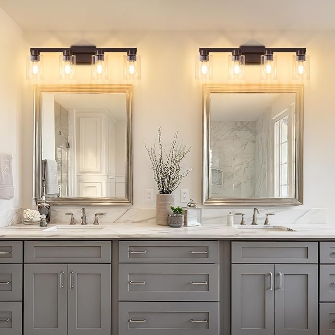 4-Light Bathroom Light Fixtures Modern Oil Rubbed Bronze Vanity Lights with Clear Glass Shade 26 Inch Wall Sconces Over Mirror for Bathroom,Powder Room, Living Room