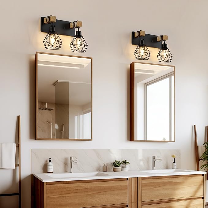 Farmhouse Vanity Light for Bathroom, 2-Light Wood Bathroom Vanity Light Fixtures Over Mirror, Rustic Sconces Wall Lighting with Metal Lampshade for Living Room, Bedroom, Hallway