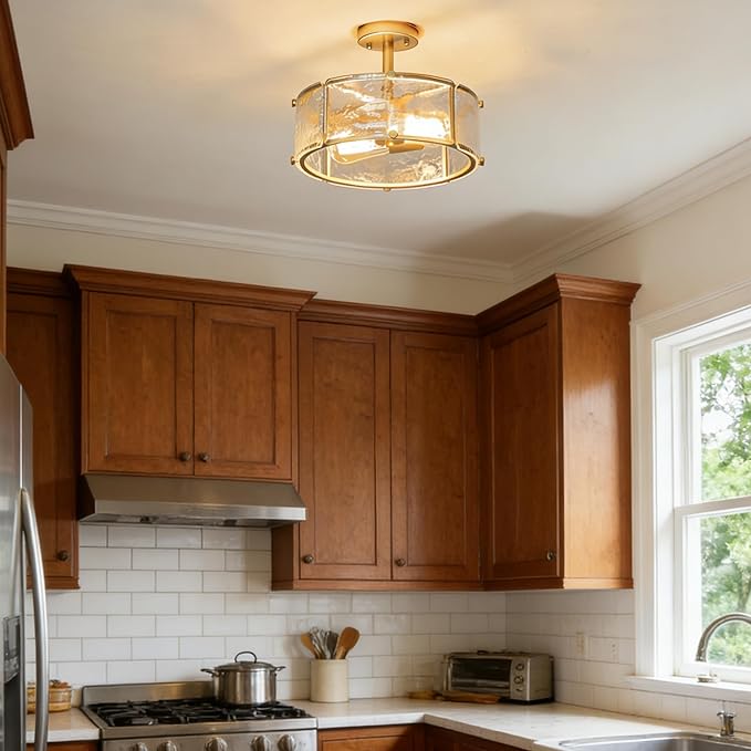 12.8" Modern Gold Semi Flush Mount Ceiling Light Fixture, 2-Light Glass Drum Ceiling Light, Small Hammered Glass Ceiling Lights for Dining Room Foyer Kitchen Hallway Entryway