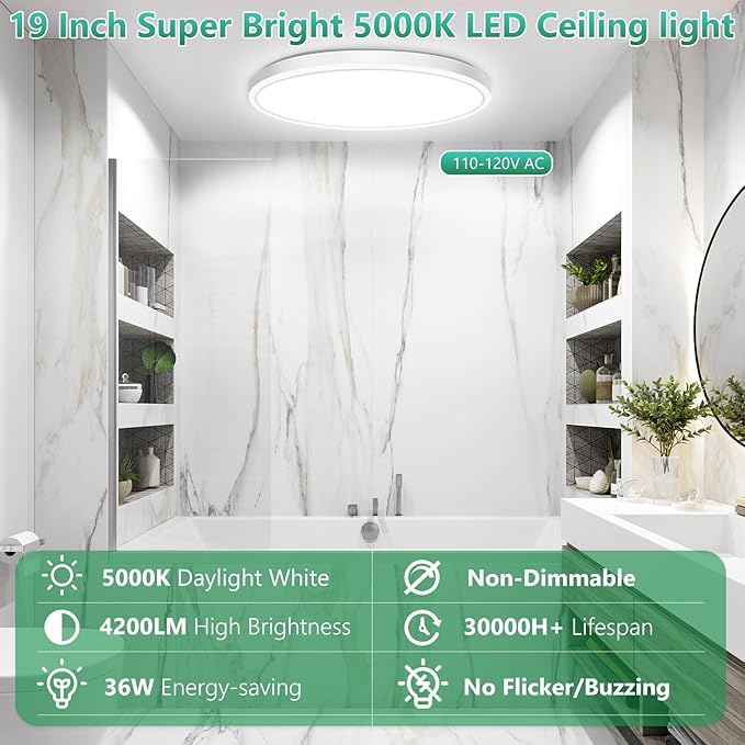 Brightever 19 Inch Large Flush Mount Ceiling Light Fixtures, 4200LM 360W Equivalent, 5000K Daylight White, 0.67 Inch Ultra Thin Surface Mount LED Ceiling Lights for Living Room, Non-Dimmable, 1 Pack