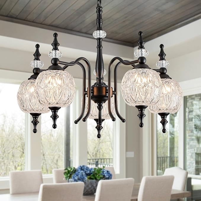Chandeliers Modern 5-Light Chandelier Black Kitchen Island Pendant Light Fixtures Finish with Crystal Glass Shade for Kitchen Island Living Room