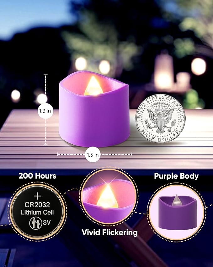 Raycare 24 Pack Purple Battery Operated Tea Lights, 200+Hour Electric Flickering Flameless Candles, Realistic Votive LED Tea Lights for Wedding Party Table Mother's Day Halloween Decorations