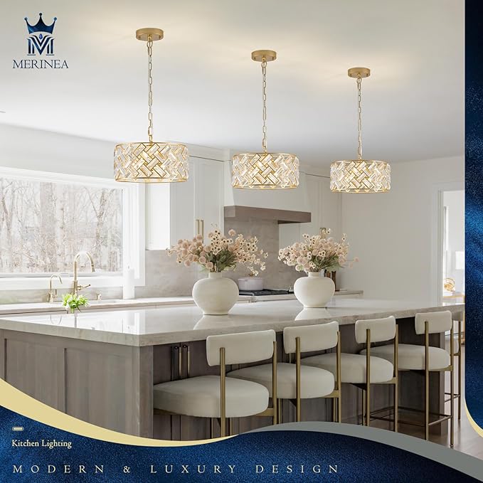 Gold Crystal Chandelier 4-Light, 12" Modern Drum Pendant Light, Small Semi Flush Mount Ceiling Light Fixture for Foyer, Entryway, Kitchen Island, Dining Room, Bedroom, Hallway