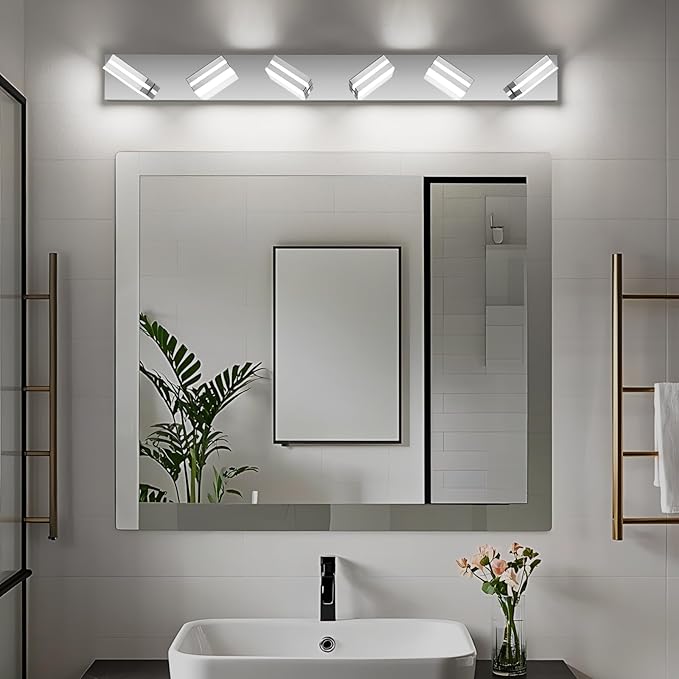 Modern LED Bathroom Lights Fixtures 6-Light,Stainless Steel Chrome Acrylic Wall Lighting,Vanity Lights for Bathroom Over Mirror 6000k 41in