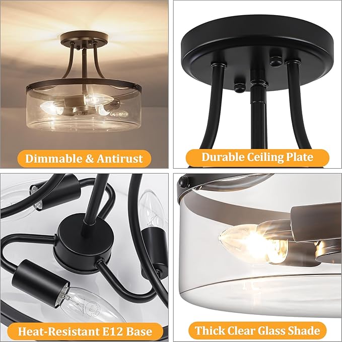 TOULMJ Black Semi Flush Mount Ceiling Light, 11.81" Glass Drum Light Fixture, 3-Light Modern Hallway Light Fixture for Kitchen Entryway Bedroom Foyer Laundry Dining Room