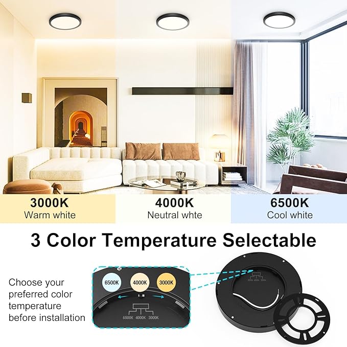 libtit 12 Pack Black Led Ceiling Light - 7 Inch 15W 1500Lm Small Ceiling Lighting Fixture, 3000K/4000K/6500K Color Selectable, Recessed Led Kitchen Ceiling Lamp for Shower Hallway Laundry Closet