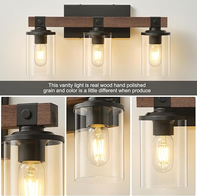 GoYeel Bathroom Light Fixtures Over Mirror, Black Farmhouse Vanity Light Rustic Vintage Wood Bathroom Wall Light Fixtures 3 Light with Clear Glass Shade for Bedroom Hallway