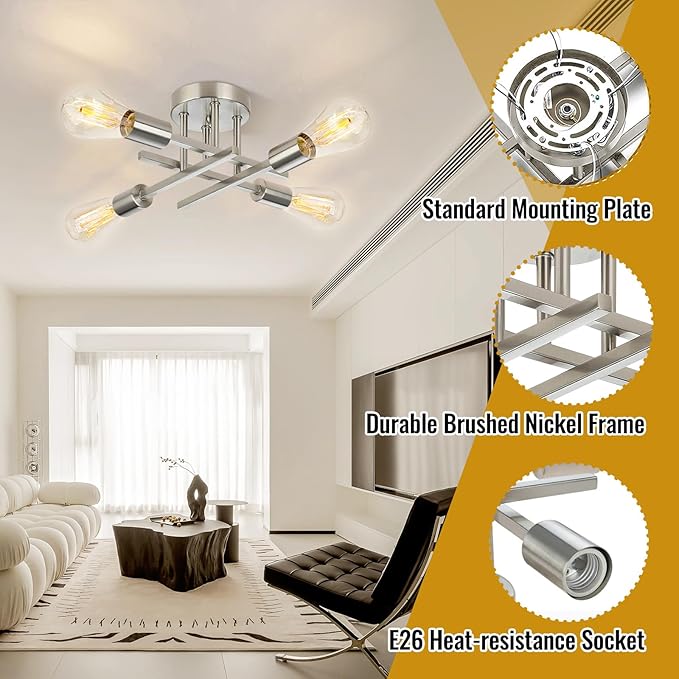 Ceiling Light, Dining Room Light Fixture with E26 Base, Semi Flush Mount Ceiling Light Fixture, Kitchen Lighting Fixtures Ceiling, 4-Light Matte Nickle Chandelier for Bedroom