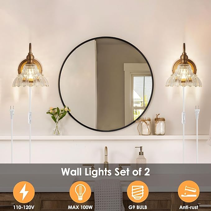 Plug in Vintage Wall Sconces Set of Two Brass Modern Wall Light Fixtures Antique Vanity Lights for Living Room Fireplace Bathroom Bedroom Coffee Room