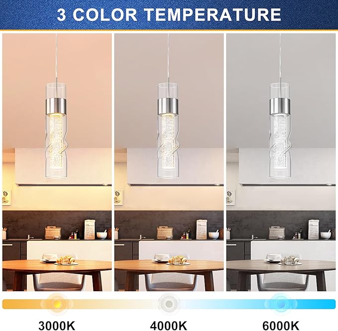 WILON Pendant Lights Kitchen Island, 9W Modern Kitchen Island Lights Brushed Nickel, Ceiling Lighting Fixtures with Crystal Bubble, Integrated LED Hanging Light for Dining Room Restaurant(1 Pack)