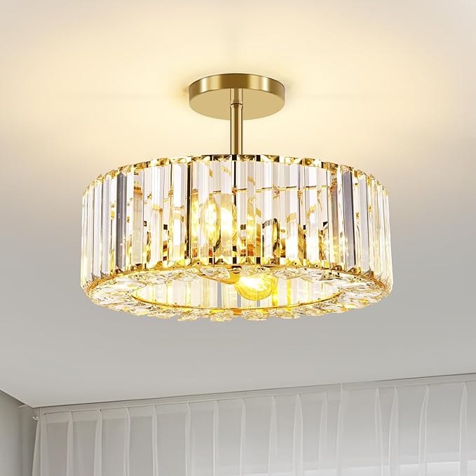 FRIDEKO HOME Gold Crystal Chandelier Ceiling Light - 4-Light Ceiling Light Fixture Modern Ceiling Mount Lights Chandelier for Dinning Room Bedroom Kitchen Entryway (14.56 Inch, Bulb not Included)