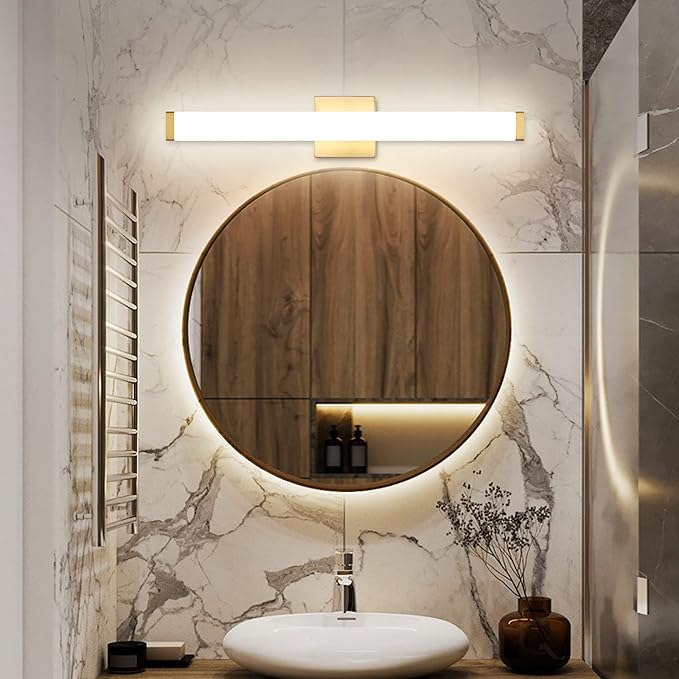 LED Bathroom Vanity Light fixtures 24in Metal Brass, 14W 4000K Natural White Square Wall Fixture, Modern Lighting for Over Mirror, Damp Rated