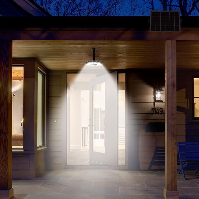 INDARUN Solar Shed Light Indoor Outdoor, Solar Motion Lights with 5 Modes, Up to 3000LM, Waterproof Pendant Barn Lights for Porch, Chicken Coop, Garage, Gazebo Lighting