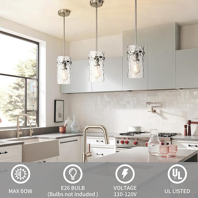 5.5" Brush Nickel Hammered Glass Pendant Light Fixtures, Brushed Nickel Pendant Lights Kitchen Island, Modern Kitchen Island Light Dining Room Light Farmhouse Island Lights Sink 2 Pack