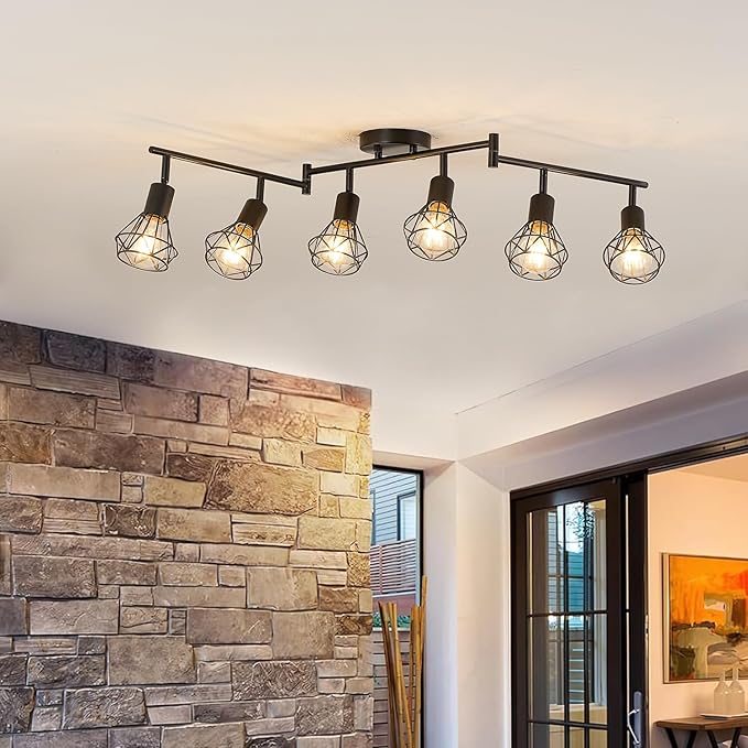 6-Light Black Track Lighting Fixtures Ceiling Modern Farmhouse Track Lighting with Metal Cage E26 Base Kitchen Lights Fixture Flush Mount Ceiling Light Fixture for Dining Room(Bulbs Not Included)