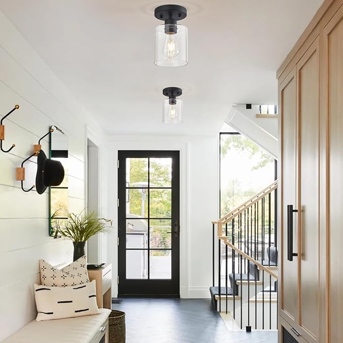 1 Light Semi Flush Mount Ceiling Light Black Kitchen Lighting Fixtures Ceiling Light Fixtures Small Hallway Lights with Clear Glass Shade for Bedroom Set of 2