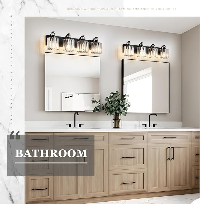 4-Light Black Bathroom Light Fixture Modern Vanity Lights Over Mirror Vintage Wall Sconce Lighting for Bathroom, Bedroom, Living Room, Hallway E26 Base with Crystal Bathroom Vanity Light