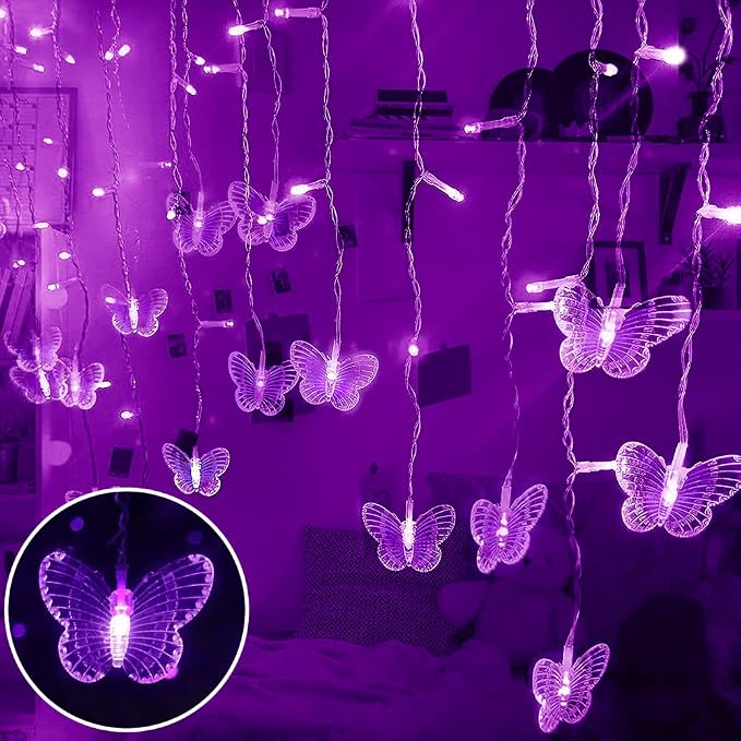 Lainin String Light 13FT 96LED USB Powered Curtain Light 16 Butterflies Strings 8 Mode Fairy Light Strip for Party Indoor Outdoor Room Garden Wall Wedding Christmas Xmas Decorations (Purple)