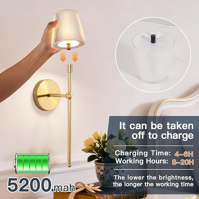 TaoFiaCo Battery Operated Wall Sconces Set of 2, Wireless Wall Sconce with Remote Dimmable Timer, Rechargeable 5200mAh, Cordless Wall Light Gold for Bedroom Living Room, Hallway, Light Decor