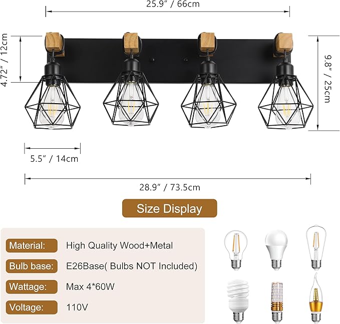 4 Light Farmhouse Vanity Light for Bathroom, Wood Bathroom Vanity Light Fixtures Over Mirror, Rustic Sconces Wall Lighting with Metal Lampshade for Living Room, Bedroom, Hallway